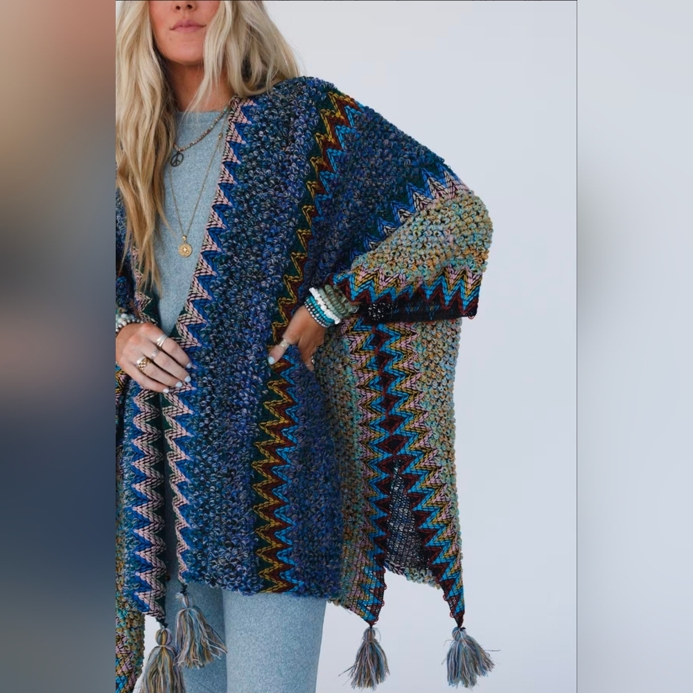 Three Bird Nest Multicolor Zigzag Knit Cardigan - Blue, Teal, Pink, Yellow - Picture 5 of 12